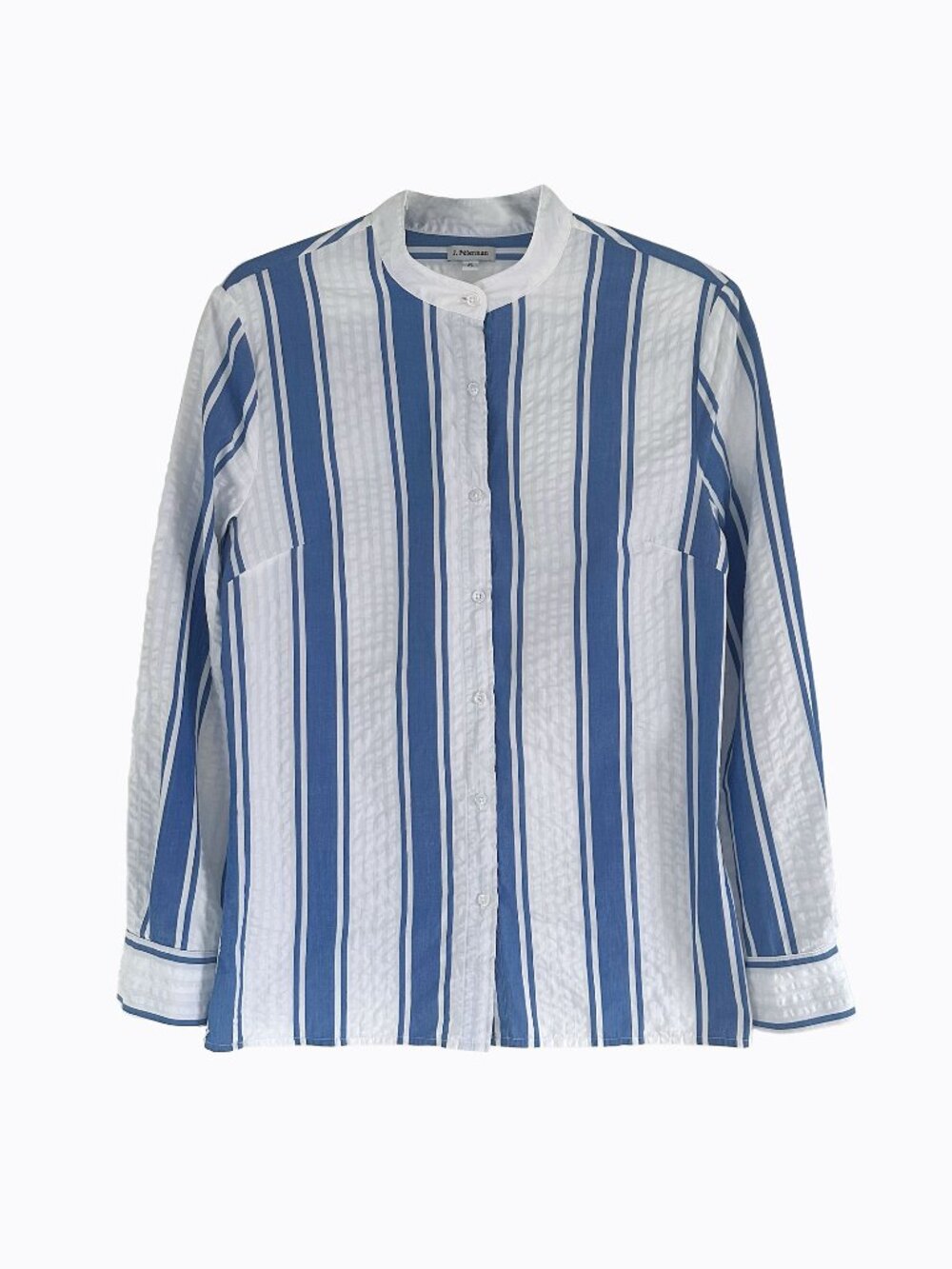 J. Peterman Striped Portuguese Cotton Shirt S Band Collar Blue Poet Button Down